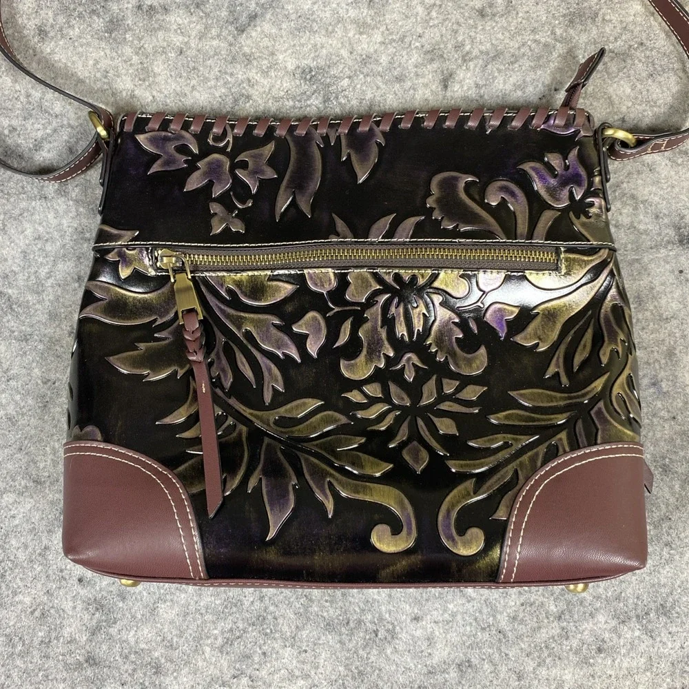 MADI‎ CLAIRE (MC) Crossbody Bag Purple Floral Embossed Genuine Leather Boho
